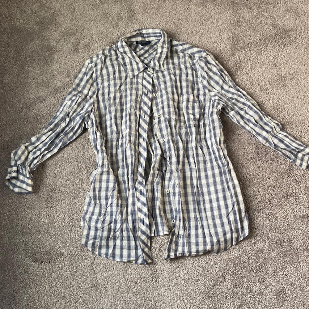 Lucky Brand Blue White Gingham Plaid Button Up Shirt Size L Long Sleeve